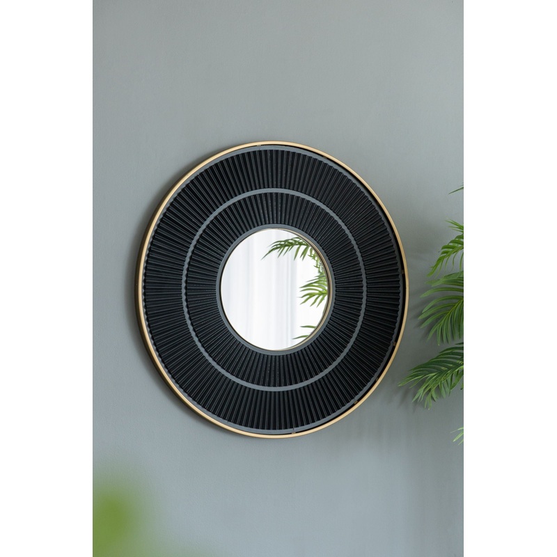 Round Carter Wooden Mirror WithIron Frame Neutral Colorway Wall Decor For Live Space