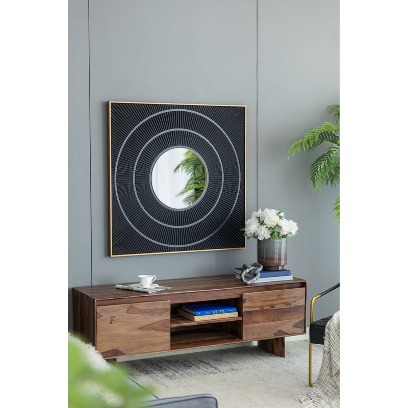 Square Carved Mirror With Pleated Design WithIron Frame, Neutral Colorway Wall Decor For Living Room Bathroom Entryway